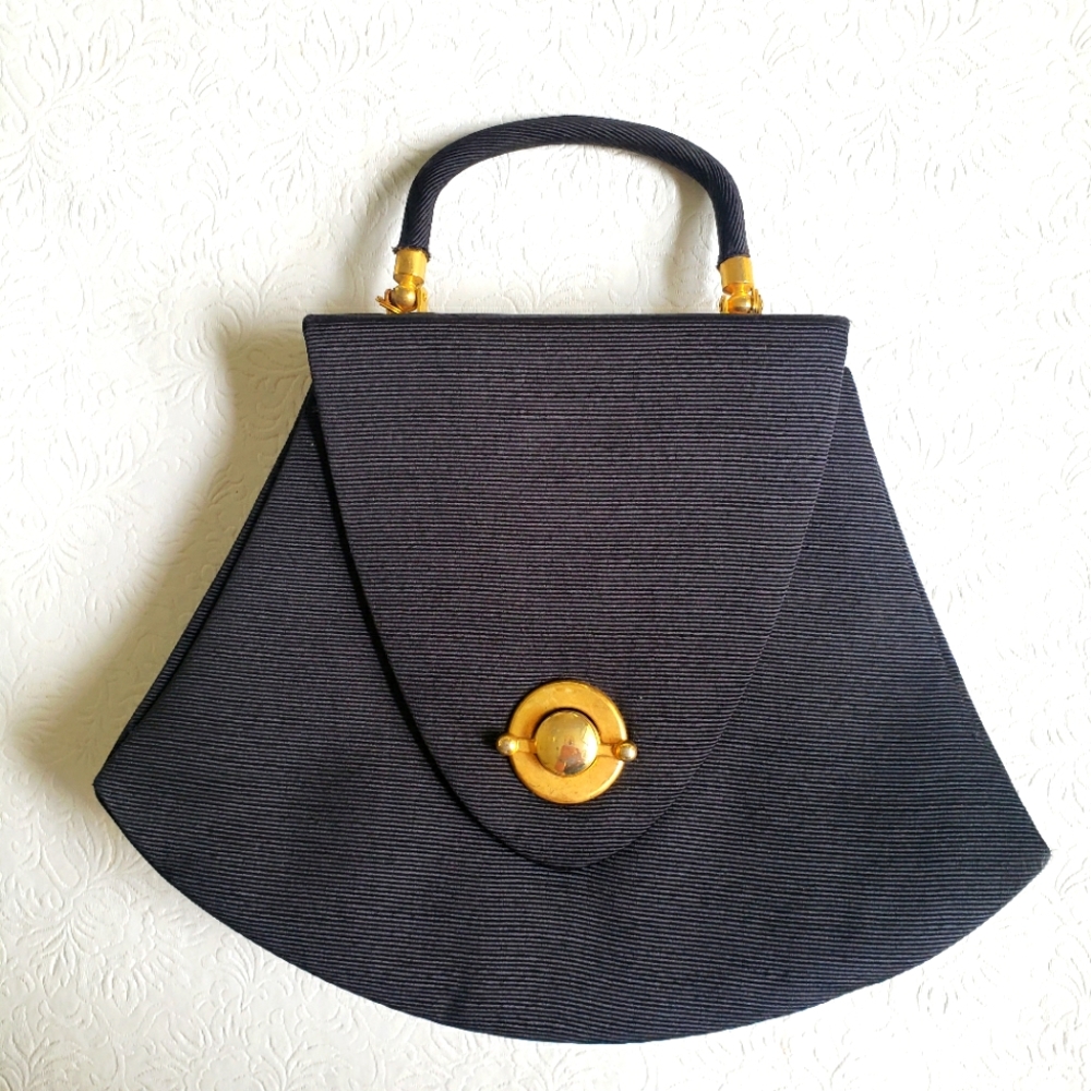 SOLD - VINTAGE Art Deco Bag Black Cord Unique Golden Latch - Picture 2 of 5